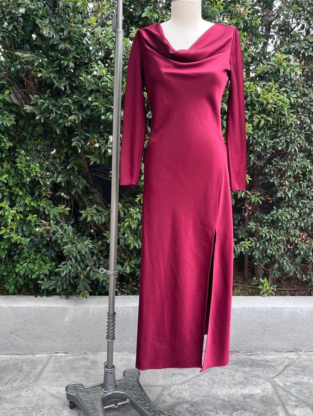 Prom Evening Burgundy Satin Maxi Dress Sz2 Cowl Neck Long Sleeve Side Slit